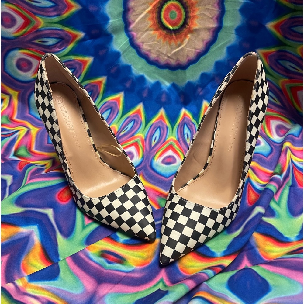 Womens Black and White Checkerboard high heels unique pumps sexy fun sz 8